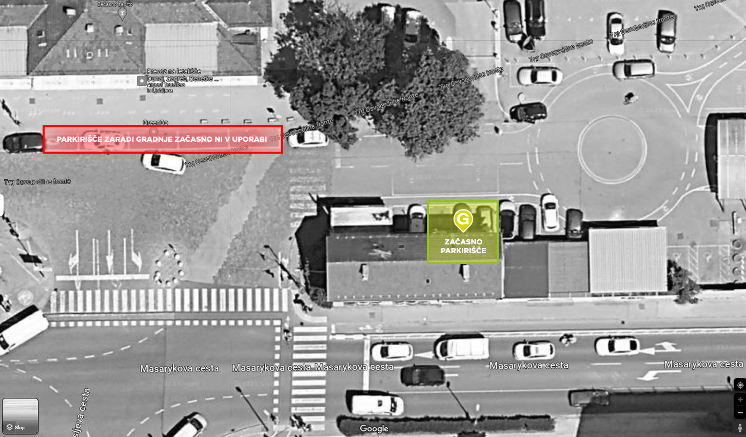 Zemljevid lokacije nadomestnega parkirišča avtomobilov GreenGo, Gremo zeleno.
