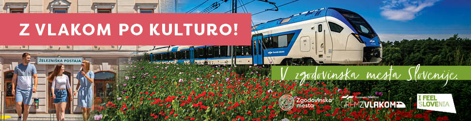 Grafika z vlakom, železniško postajo in pripisoma "Z vlakom po kulturo" in "V zgodovinska mesta Slovenije".
